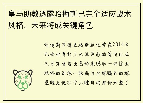 皇马助教透露哈梅斯已完全适应战术风格，未来将成关键角色