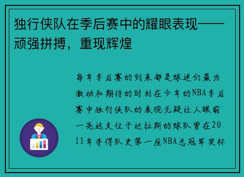 独行侠队在季后赛中的耀眼表现——顽强拼搏，重现辉煌